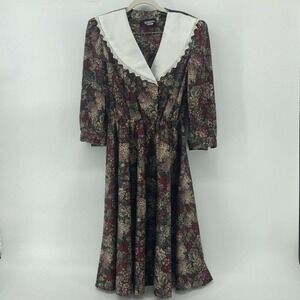 Vintage Whirlaway Frocks Floral‎ Midi Dress White Collar Vintage 6P